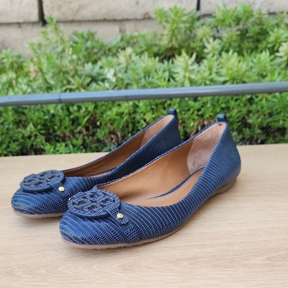 Tory BurchTory Burch Navy Blue Lizard Embossed Leather Ballet Flats Size 7.5